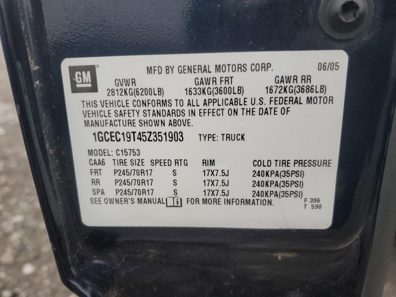 2005 Chevrolet Silverado C1500 VIN: 1GCEC19T45Z351903 Lot: 64663795