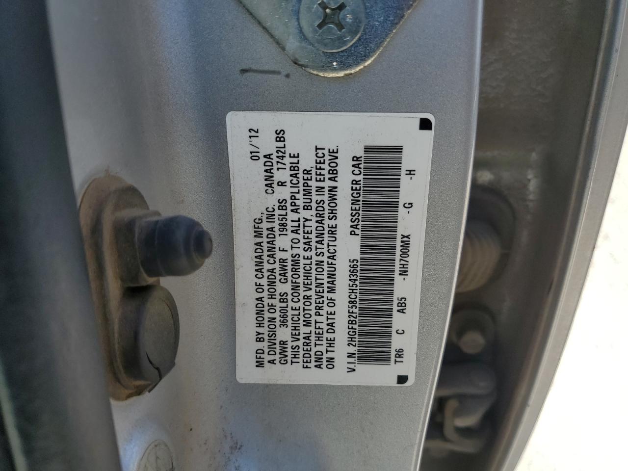 2012 Honda Civic Lx VIN: 2HGFB2F58CH543665 Lot: 62684705