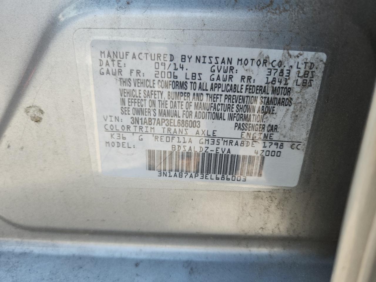 2014 Nissan Sentra S VIN: 3N1AB7AP3EL686003 Lot: 66194795