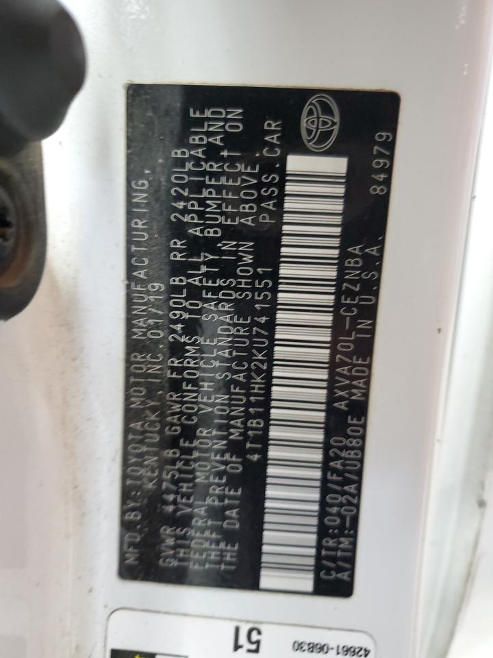 2019 Toyota Camry L VIN: 4T1B11HK2KU741551 Lot: 64615895