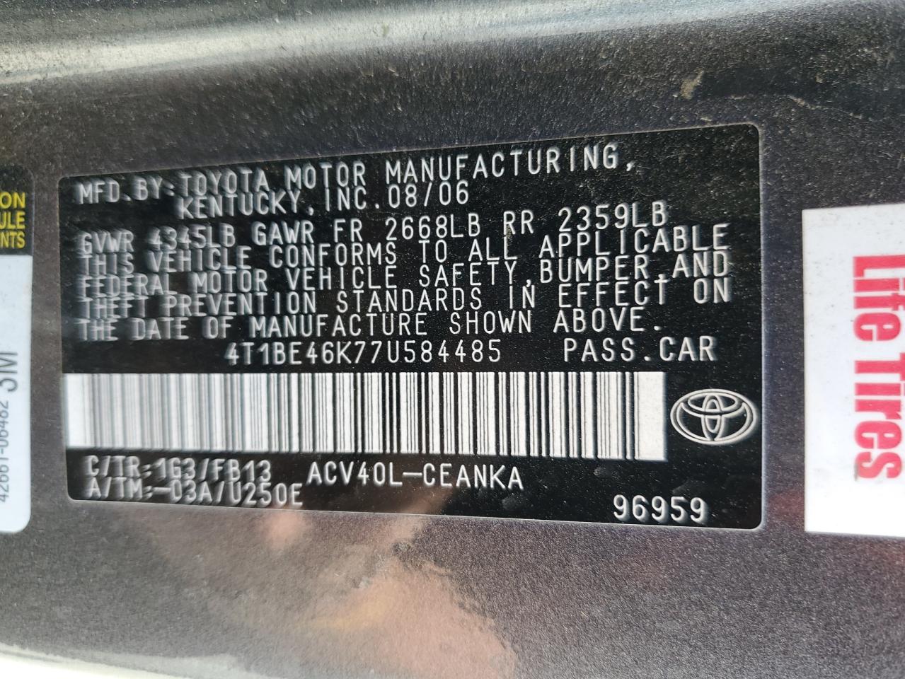 2007 Toyota Camry Ce VIN: 4T1BE46K77U584485 Lot: 65574425