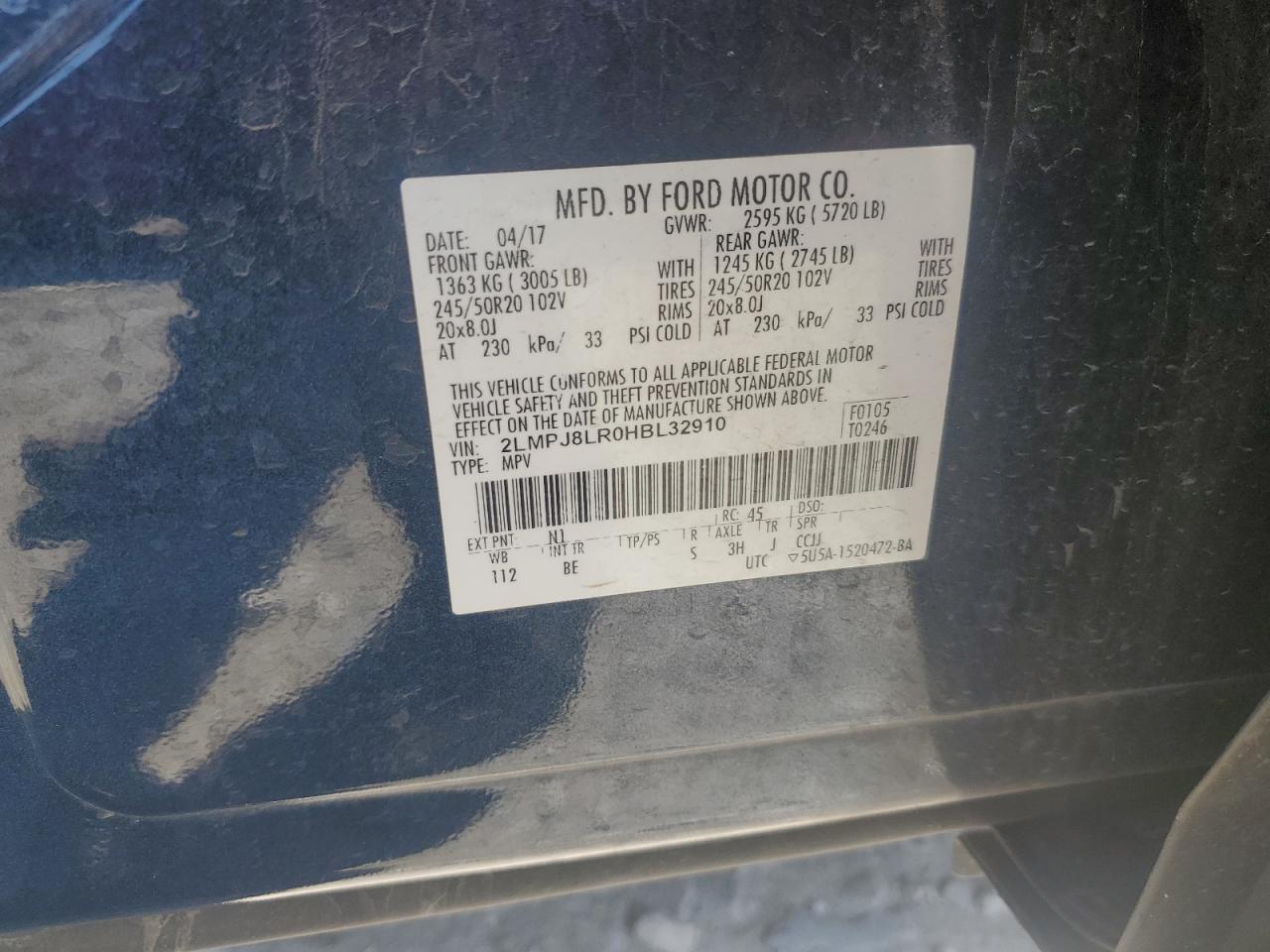 2017 Lincoln Mkx Reserve VIN: 2LMPJ8LR0HBL32910 Lot: 62960165