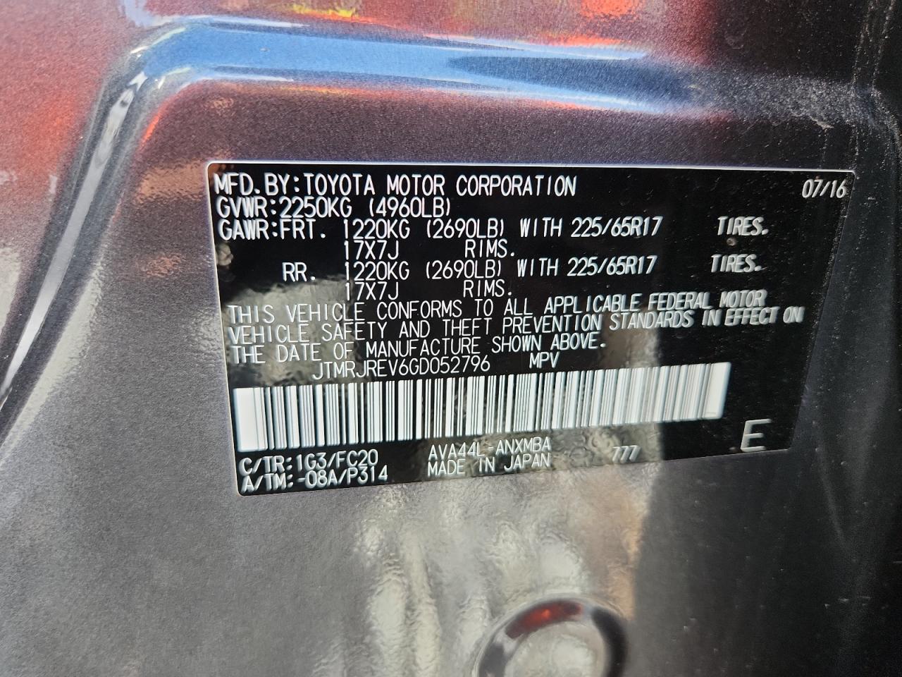 JTMRJREV6GD052796 TOYOTA RAV4 2016