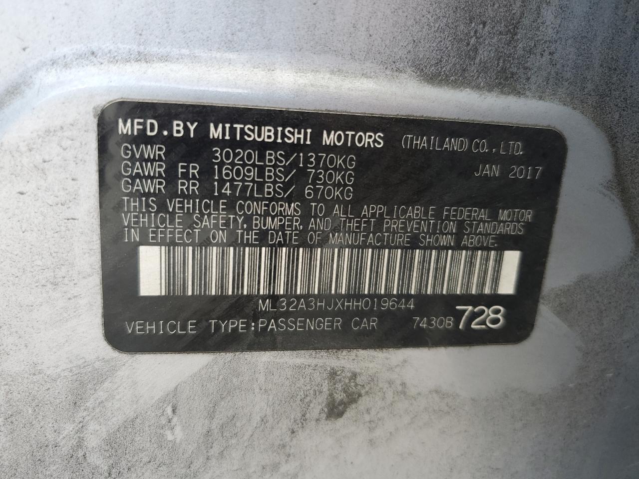 2017 Mitsubishi Mirage Es VIN: ML32A3HJXHH019644 Lot: 64796515