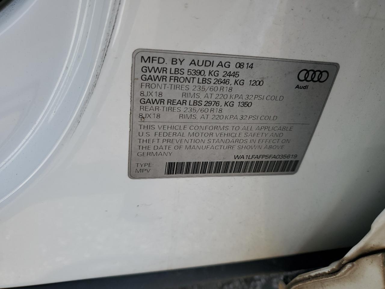 2015 Audi Q5 Premium Plus VIN: WA1LFAFP5FA035619 Lot: 64213525