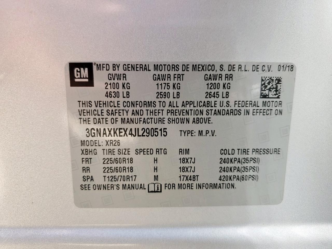 2018 Chevrolet Equinox Lt VIN: 3GNAXKEX4JL290515 Lot: 64430605