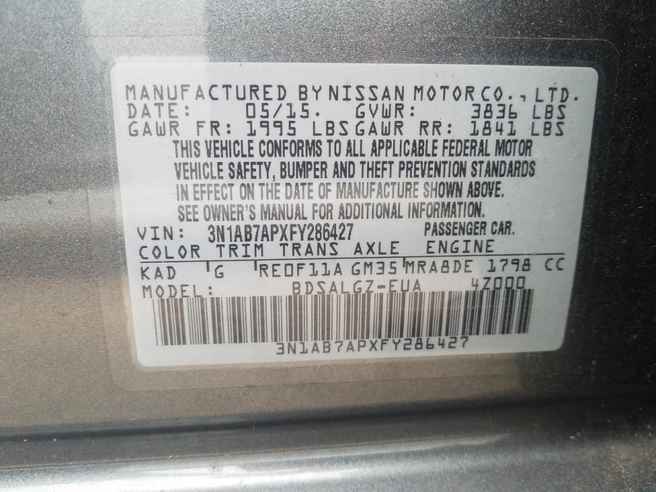 2015 Nissan Sentra S VIN: 3N1AB7APXFY286427 Lot: 50879000