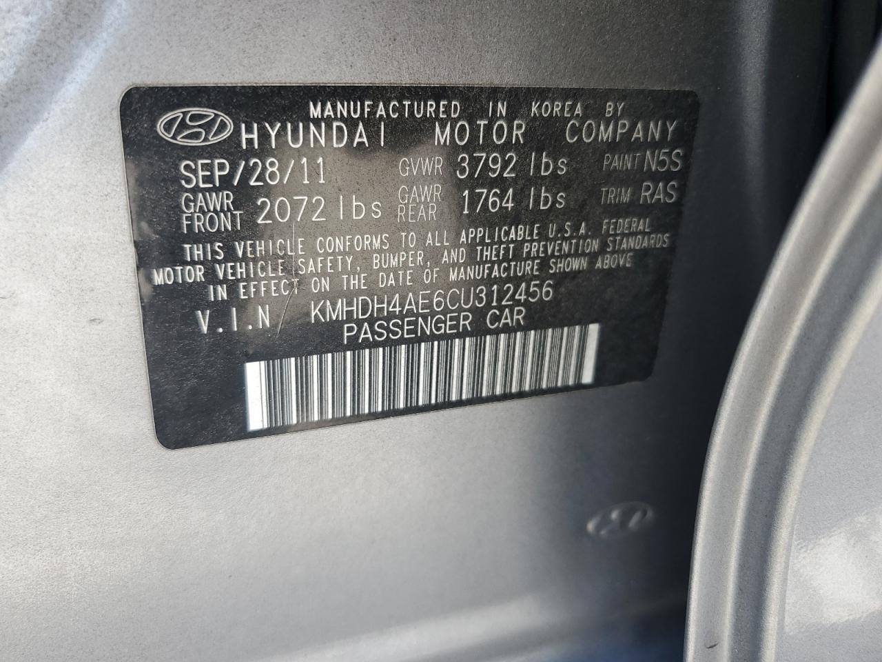 2012 Hyundai Elantra Gls VIN: KMHDH4AE6CU312456 Lot: 65207145