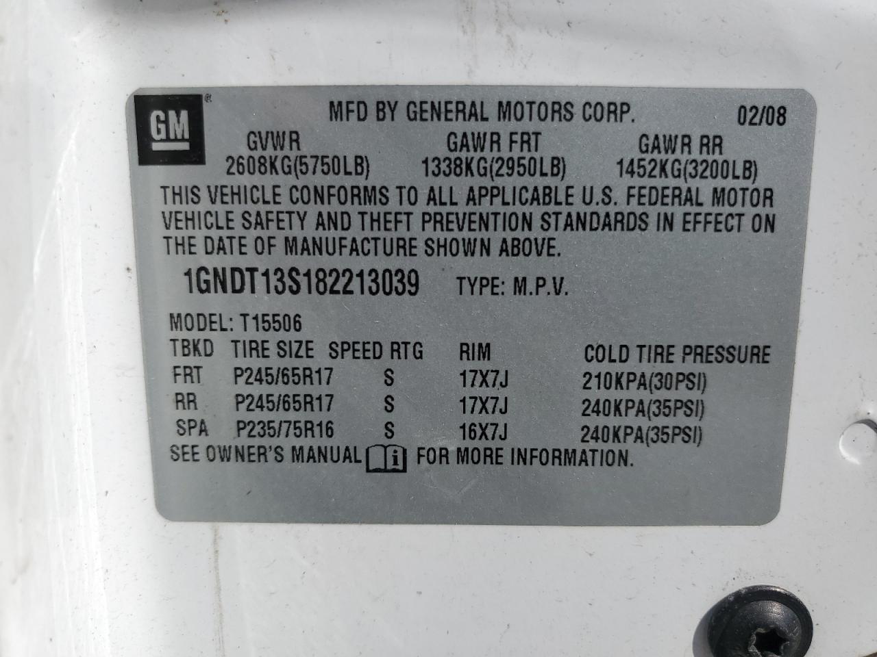 2008 Chevrolet Trailblazer Ls VIN: 1GNDT13S182213039 Lot: 66214225