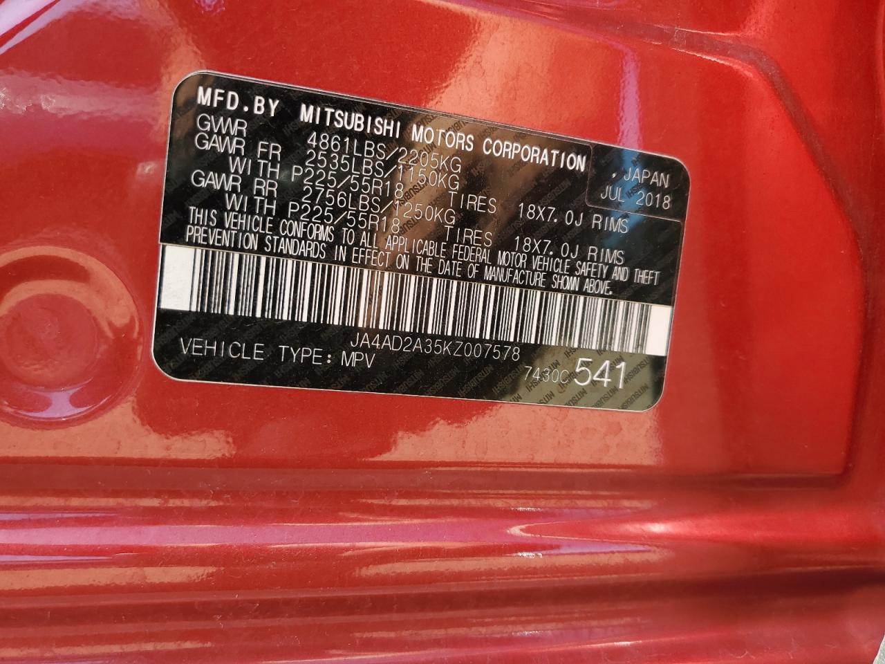 2019 Mitsubishi Outlander Es VIN: JA4AD2A35KZ007578 Lot: 63504155