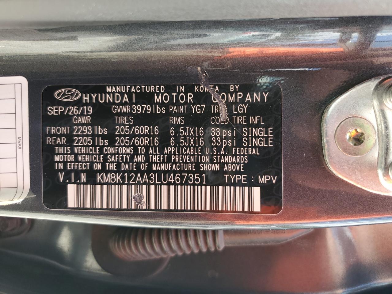 2020 Hyundai Kona Se VIN: KM8K12AA3LU467351 Lot: 61749235