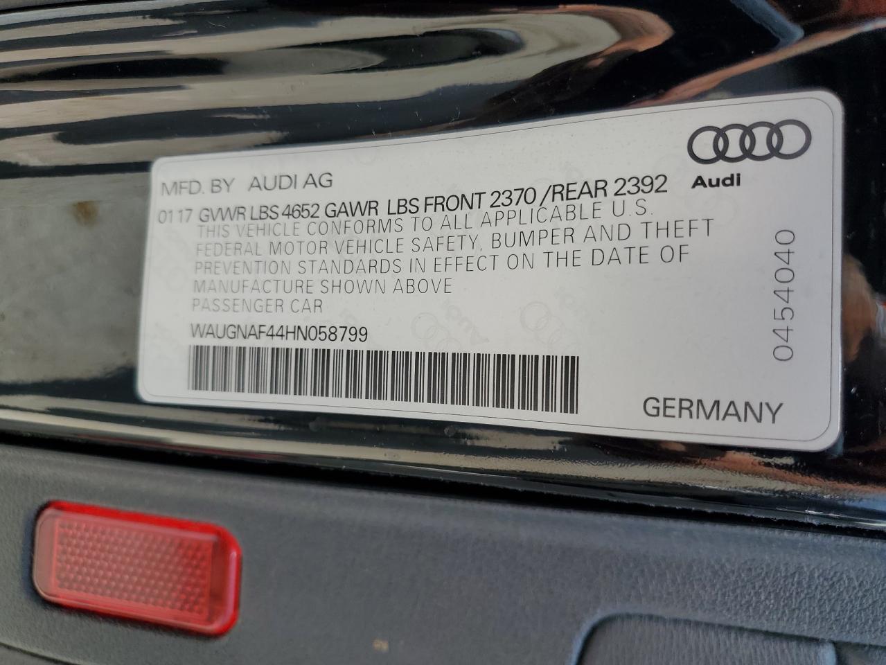 2017 Audi A4 Premium VIN: WAUGNAF44HN058799 Lot: 63693625