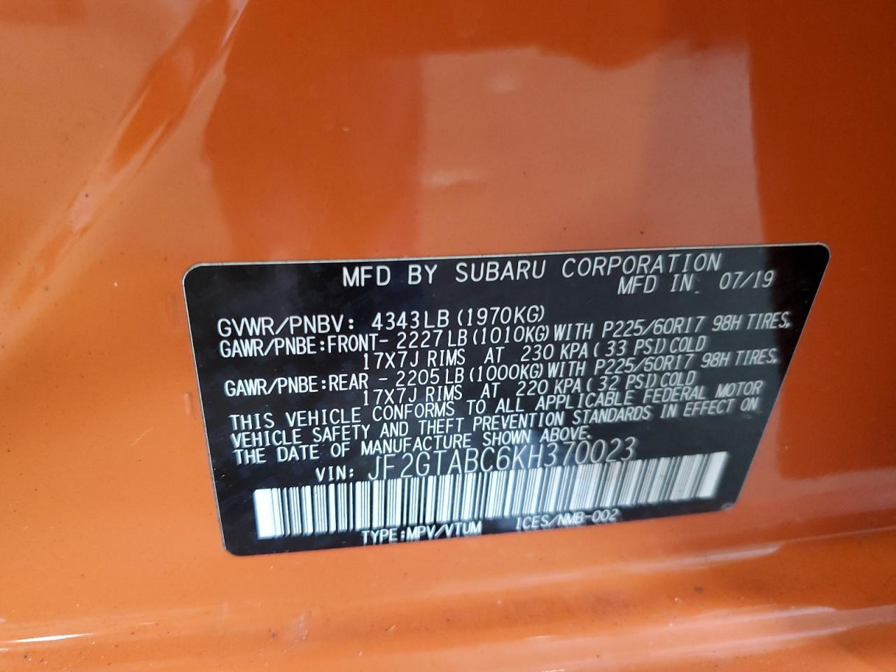 2019 Subaru Crosstrek VIN: JF2GTABC6KH370023 Lot: 65414435
