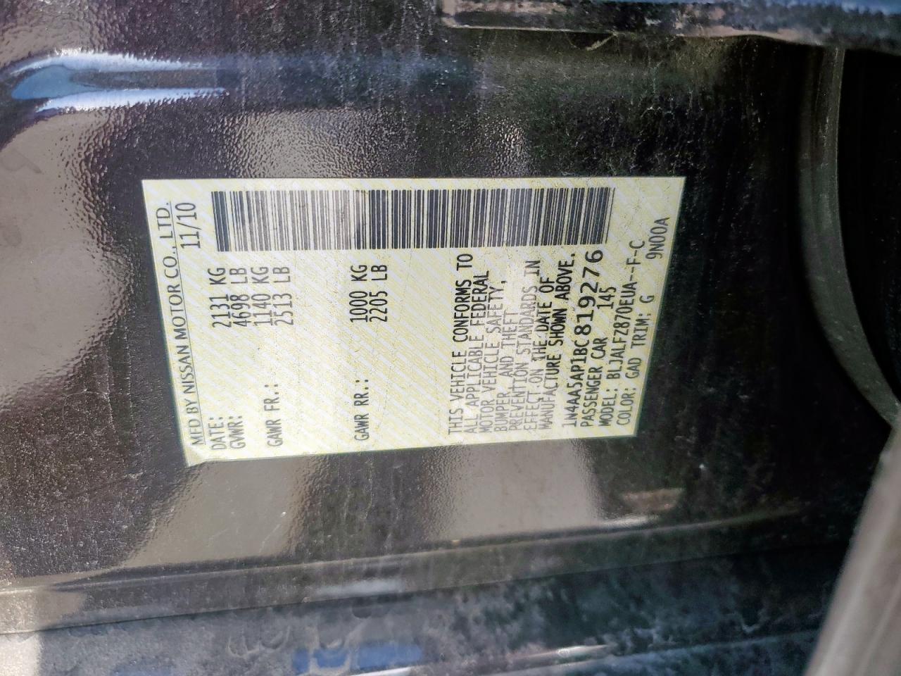 2011 Nissan Maxima S VIN: 1N4AA5AP1BC819276 Lot: 64316635
