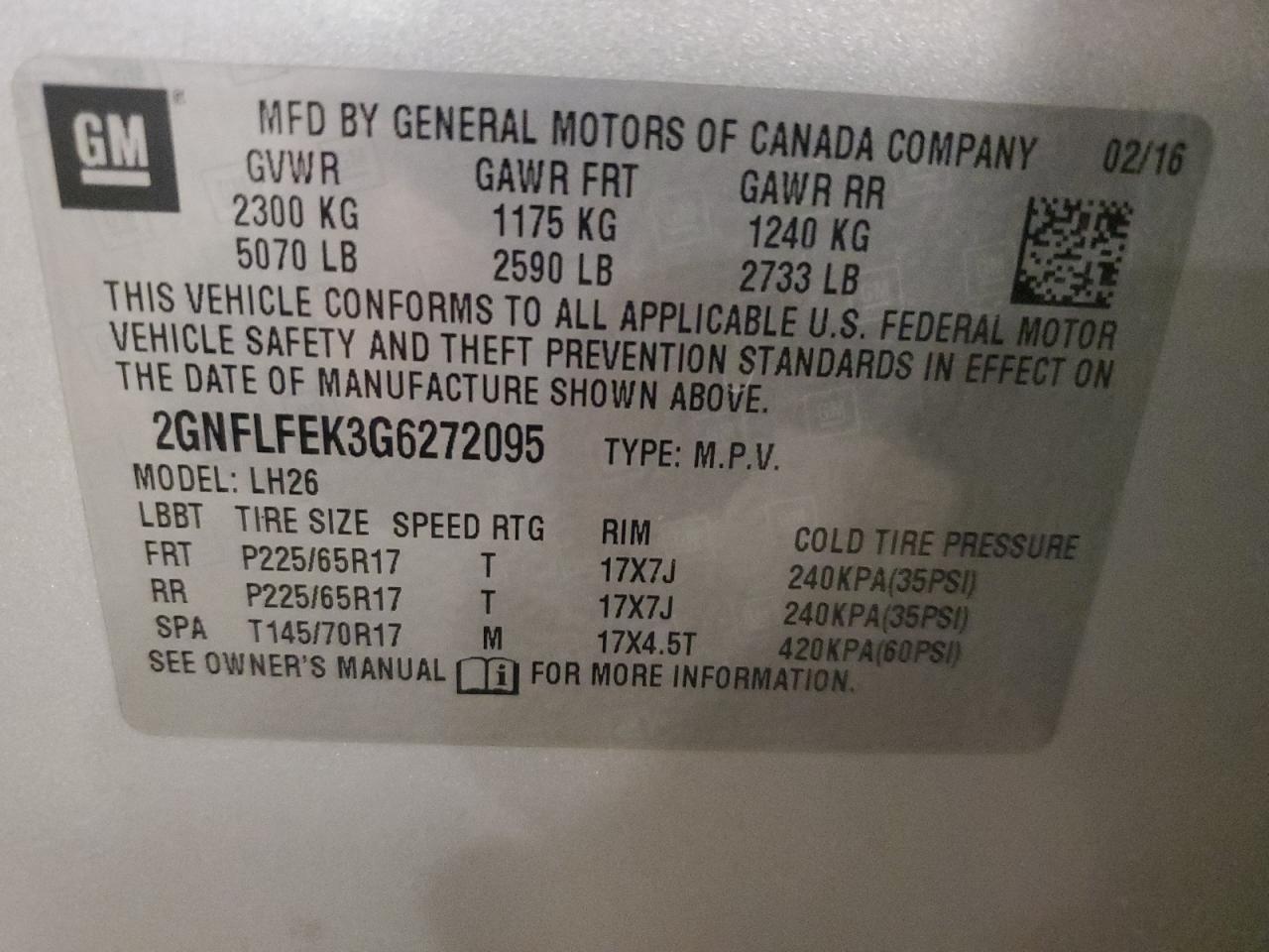 2016 Chevrolet Equinox Lt VIN: 2GNFLFEK3G6272095 Lot: 64823165