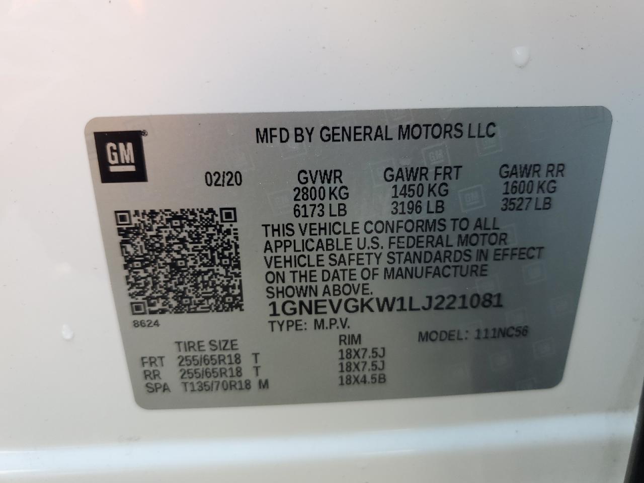 2020 Chevrolet Traverse Lt VIN: 1GNEVGKW1LJ221081 Lot: 66741465