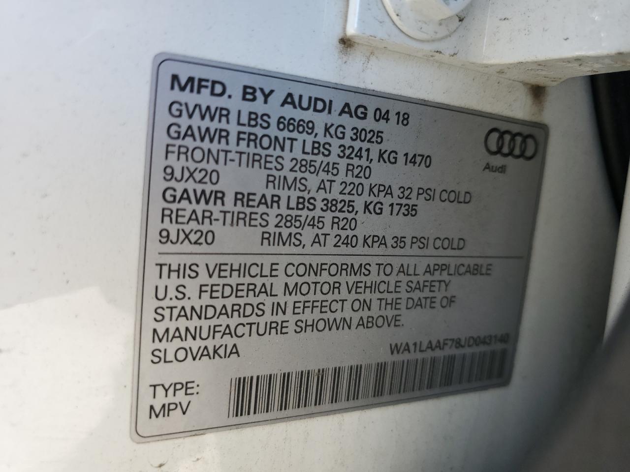 2018 Audi Q7 Premium Plus VIN: WA1LAAF78JD043140 Lot: 64671315
