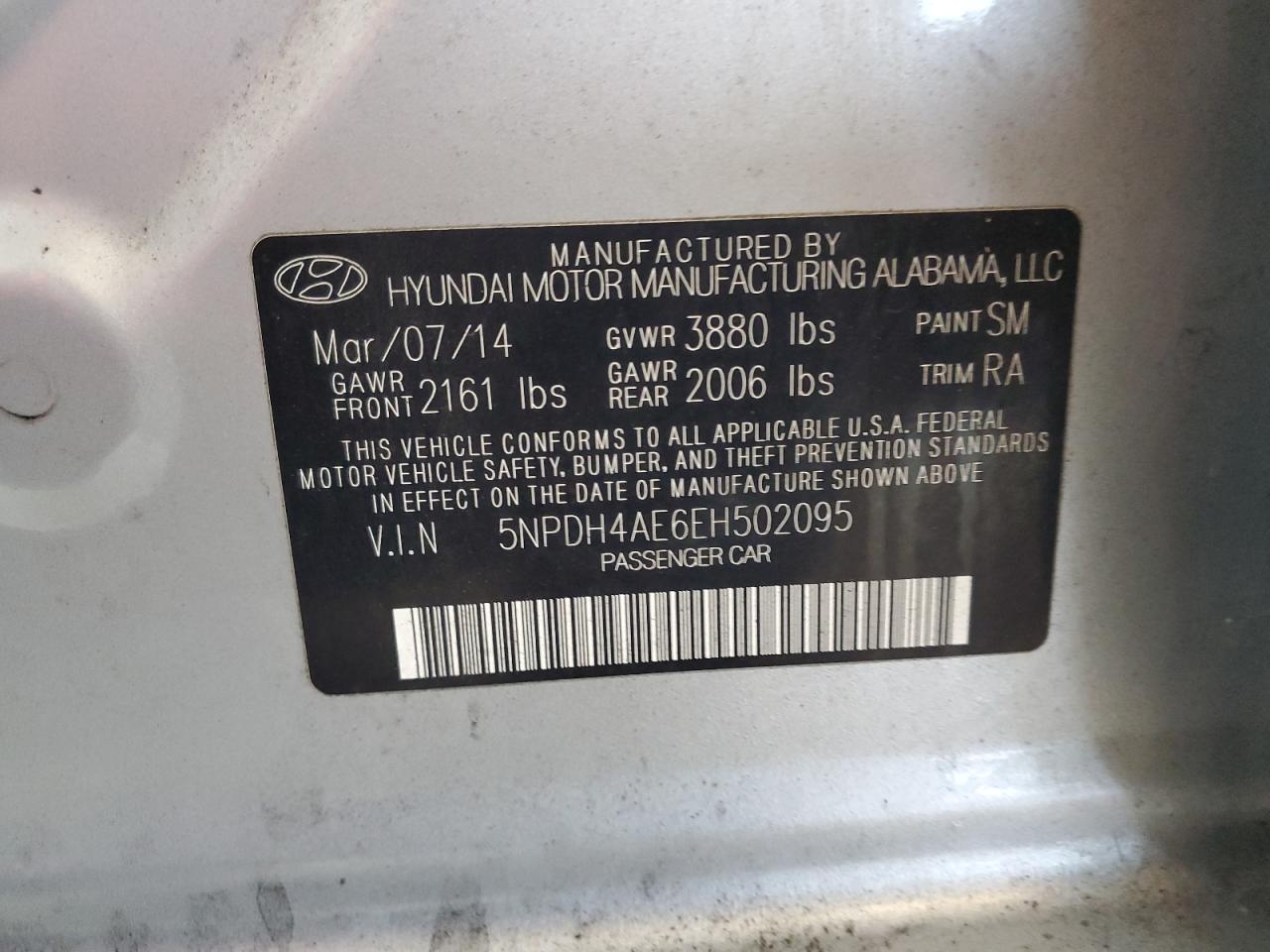2014 Hyundai Elantra Se VIN: 5NPDH4AE6EH502095 Lot: 65077795