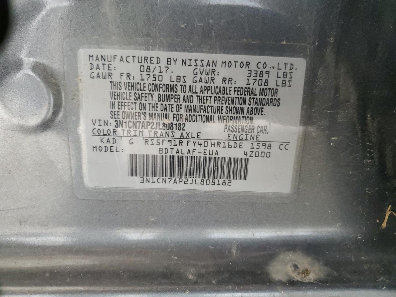 2018 Nissan Versa S VIN: 3N1CN7AP2JL808182 Lot: 64835825