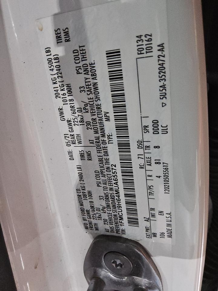 2021 Ford Escape Sel VIN: 1FMCU9H64MUA65572 Lot: 64698505