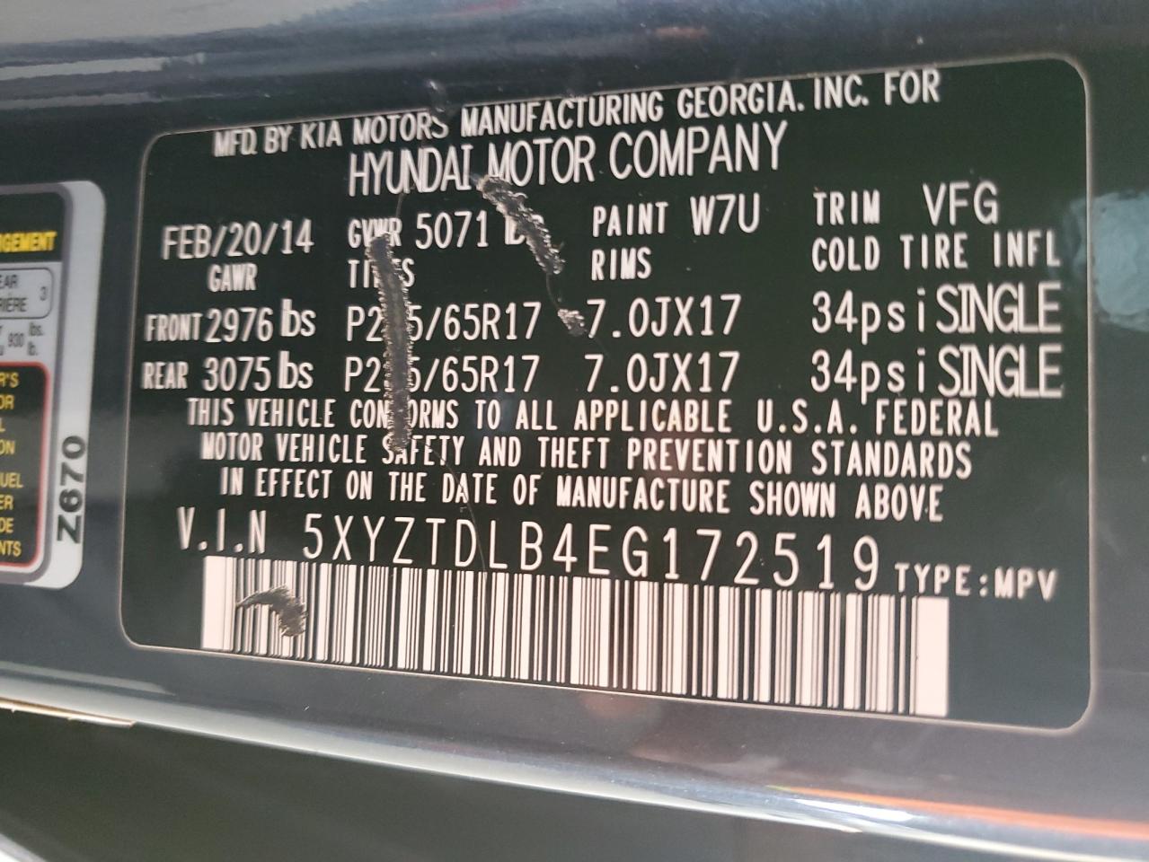 2014 Hyundai Santa Fe Sport VIN: 5XYZTDLB4EG172519 Lot: 65408305