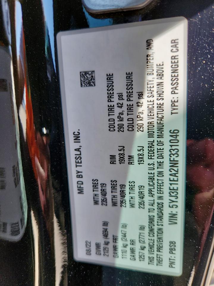2022 Tesla Model 3 VIN: 5YJ3E1EA2NF331046 Lot: 64588405