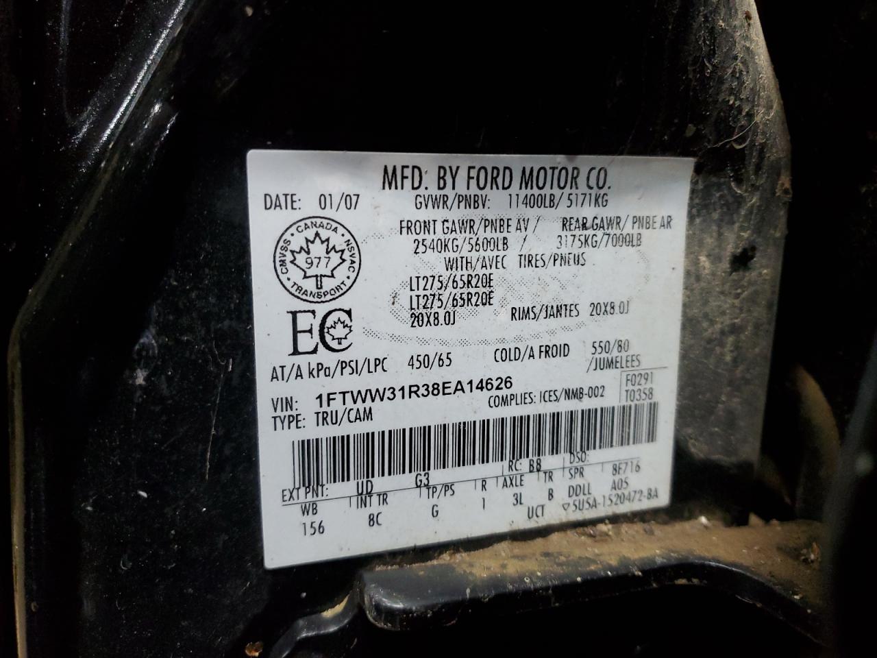 2008 Ford F350 Srw Super Duty VIN: 1FTWW31R38EA14626 Lot: 63508445
