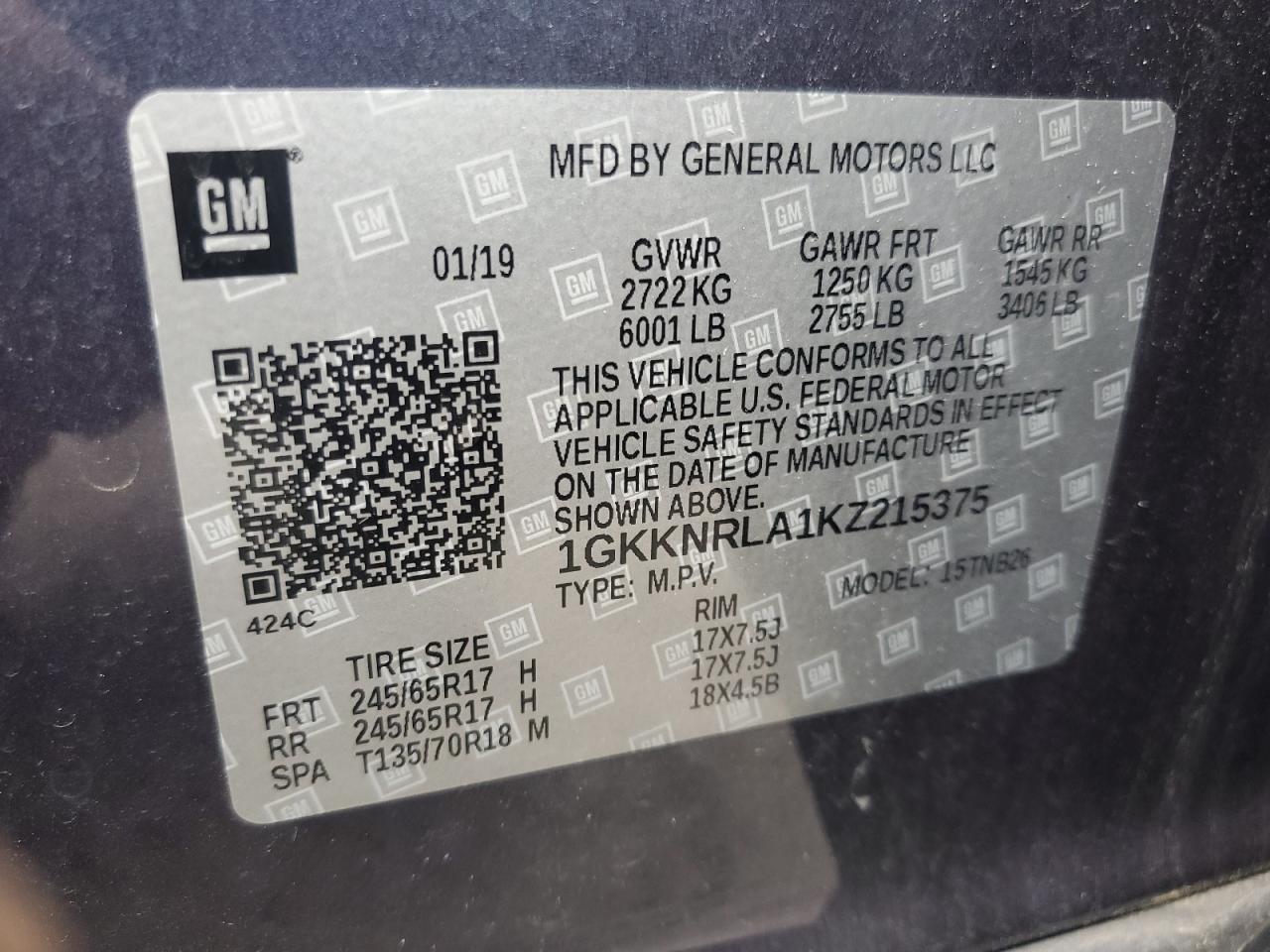 1gkknrla1kz215375 1GKKNRLA1KZ215375 2019 GMC Acadia Sle