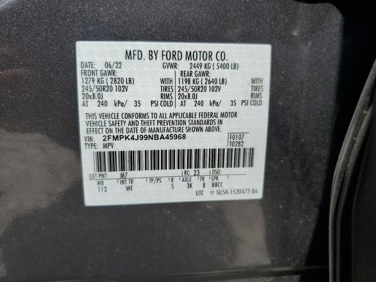2022 Ford Edge Sel VIN: 2FMPK4J99NBA45968 Lot: 64621125