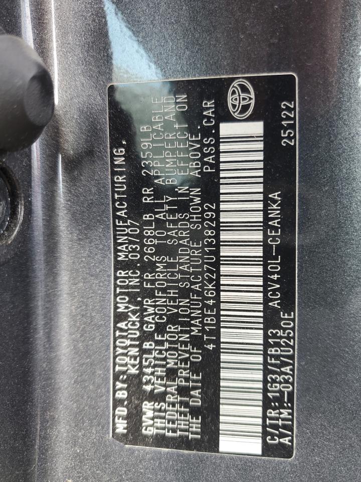 2007 Toyota Camry Ce VIN: 4T1BE46K27U138292 Lot: 64998785