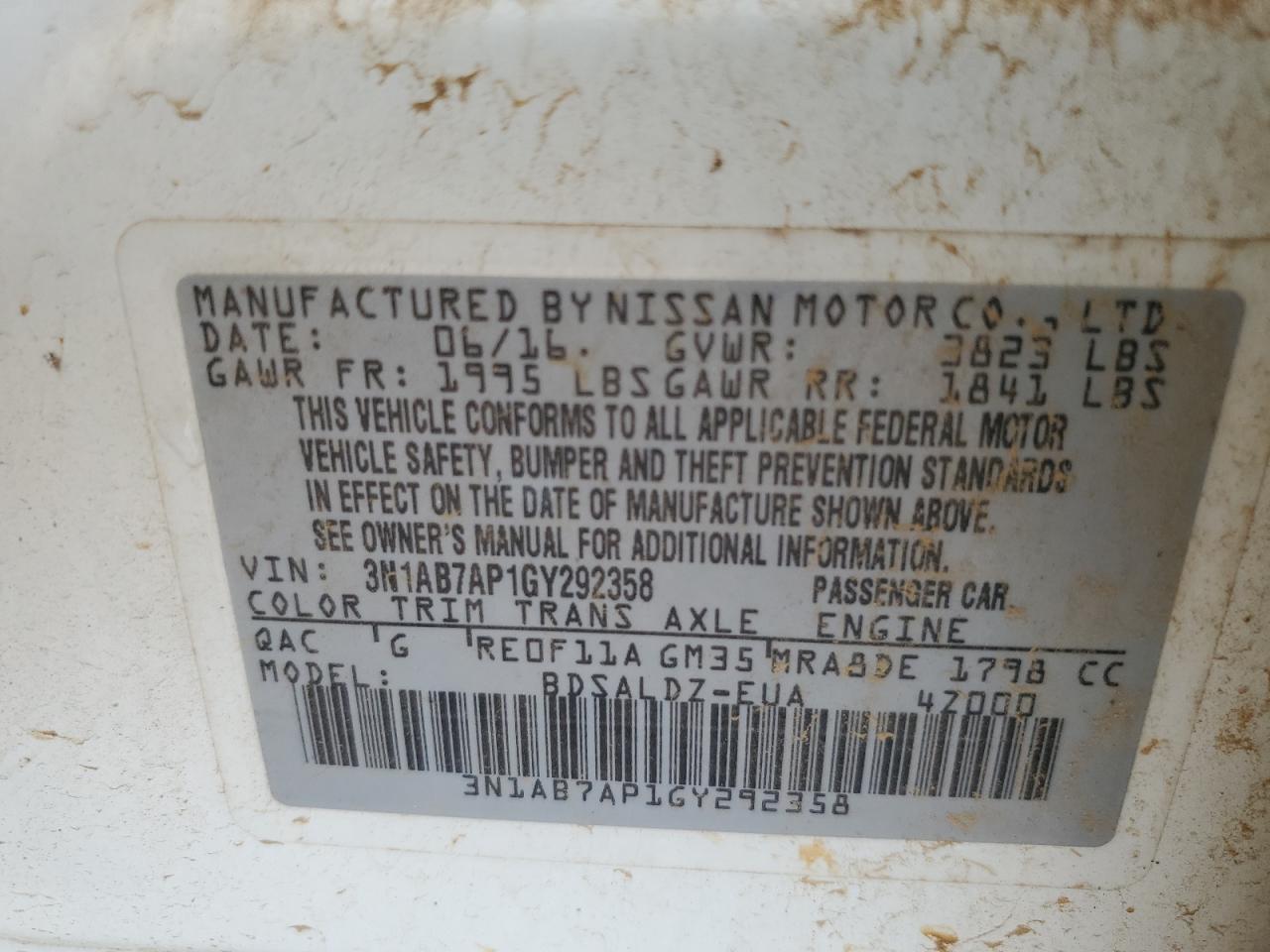 2016 Nissan Sentra S VIN: 3N1AB7AP1GY292358 Lot: 66184555