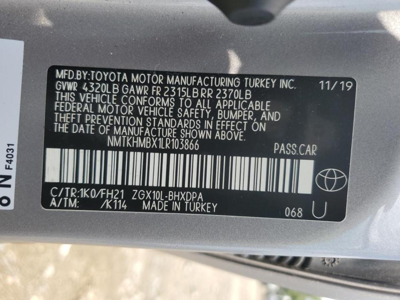 2020 Toyota C-Hr Xle VIN: NMTKHMBX1LR103866 Lot: 63750265