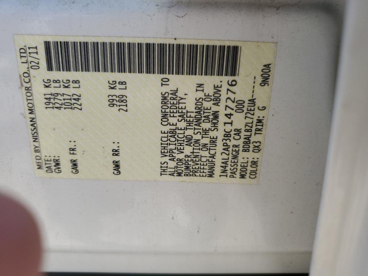 2011 Nissan Altima Base VIN: 1N4AL2AP3BC147276 Lot: 67990135