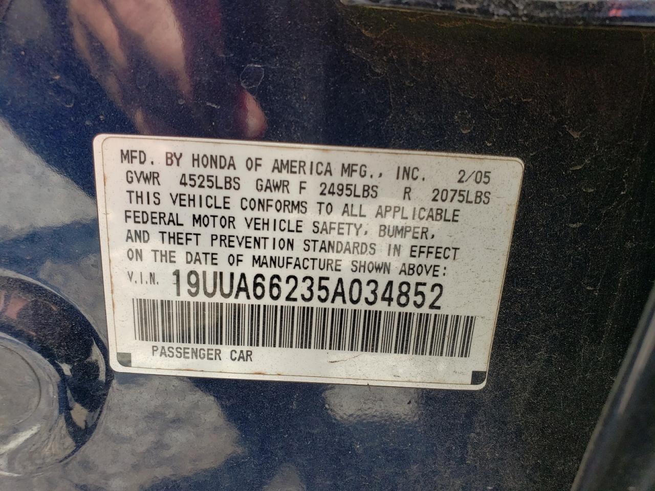 2005 Acura Tl VIN: 19UUA66235A034852 Lot: 65381915