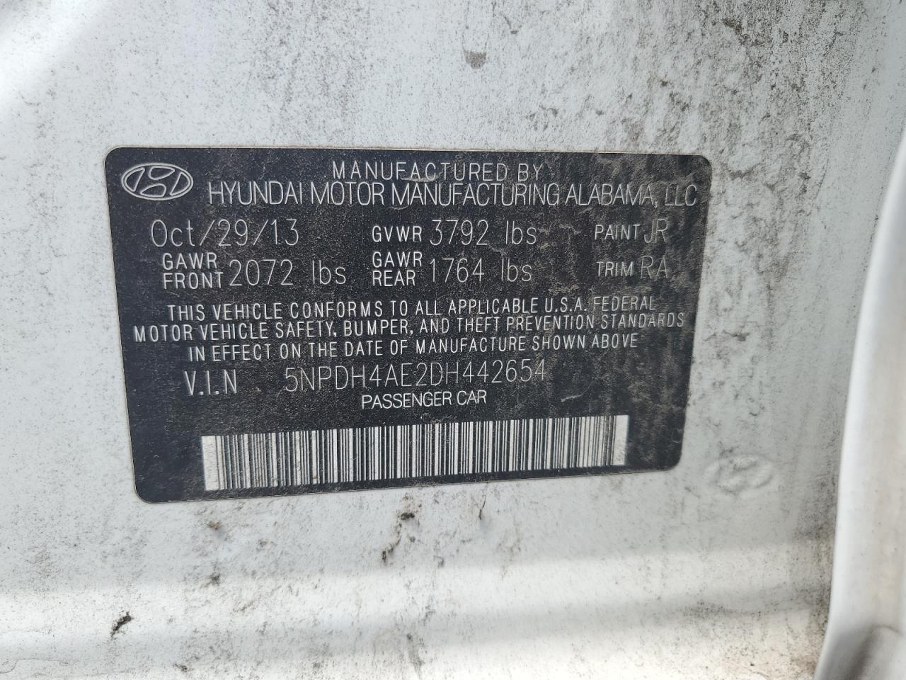 2013 Hyundai Elantra Gls VIN: 5NPDH4AE2DH442654 Lot: 65143955