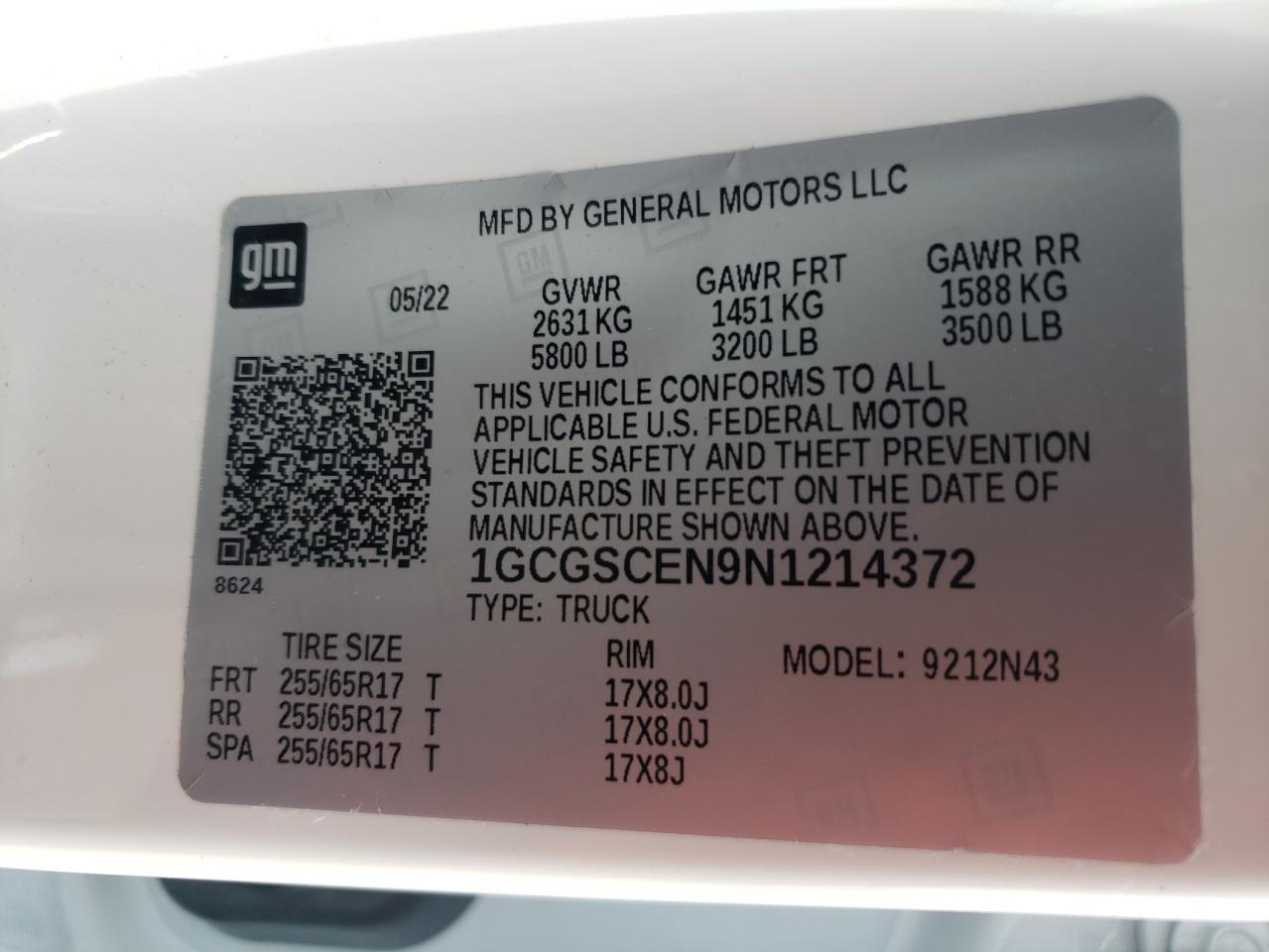 2022 Chevrolet Colorado Lt VIN: 1GCGSCEN9N1214372 Lot: 63964835
