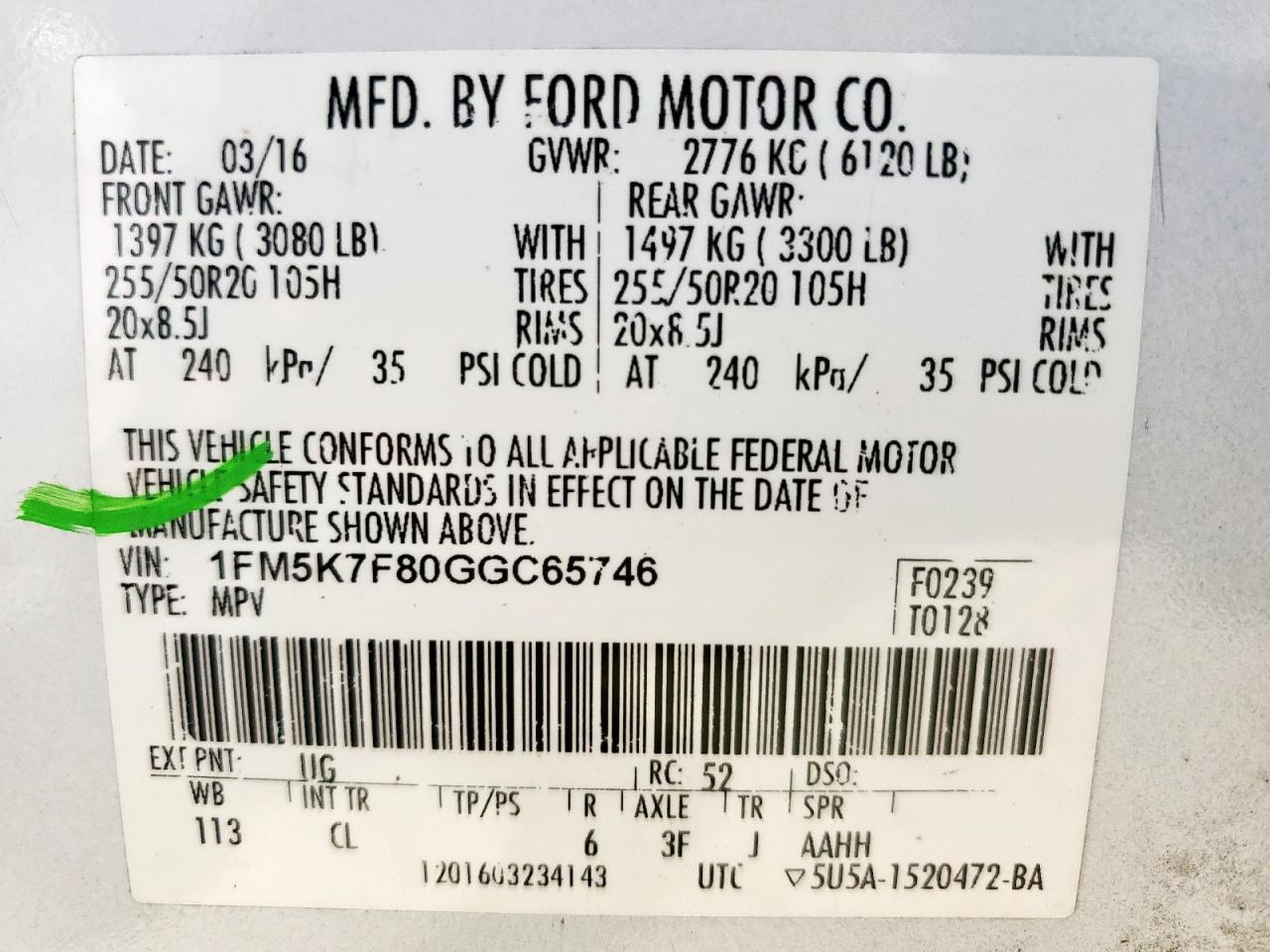 2016 Ford Explorer Limited VIN: 1FM5K7F80GGC65746 Lot: 65344545