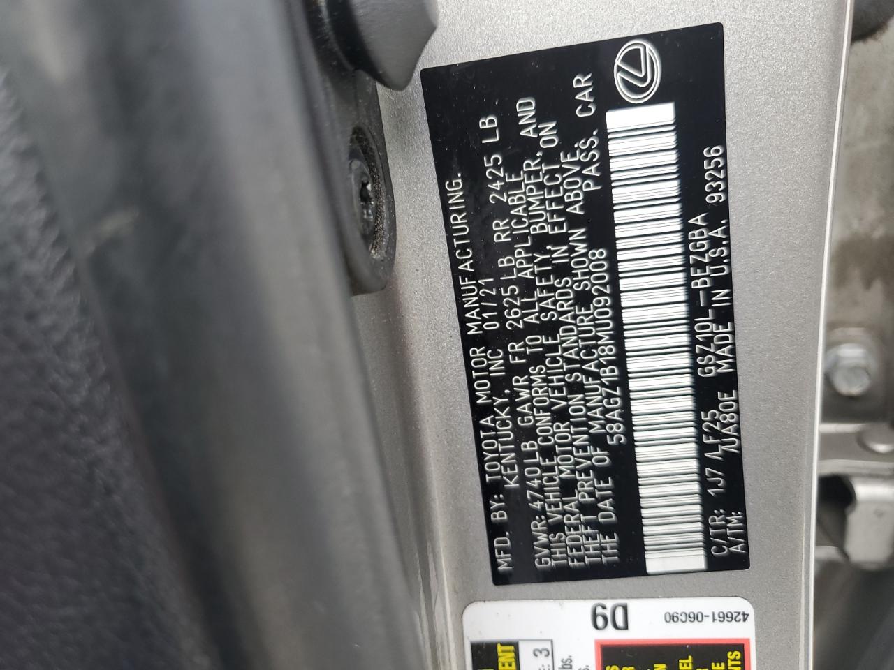 2021 Lexus Es 350 Base VIN: 58AGZ1B18MU092008 Lot: 63082375