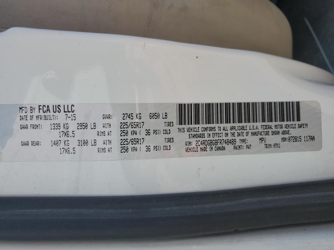 2015 Dodge Grand Caravan Se VIN: 2C4RDGBG8FR748489 Lot: 64599905