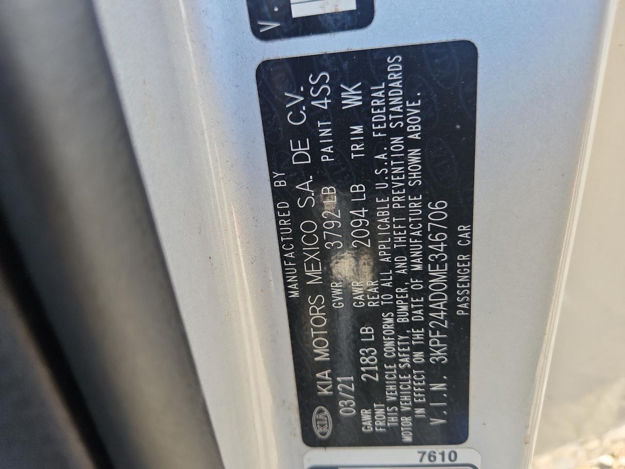 2021 Kia Forte Fe VIN: 3KPF24AD0ME346706 Lot: 66455635