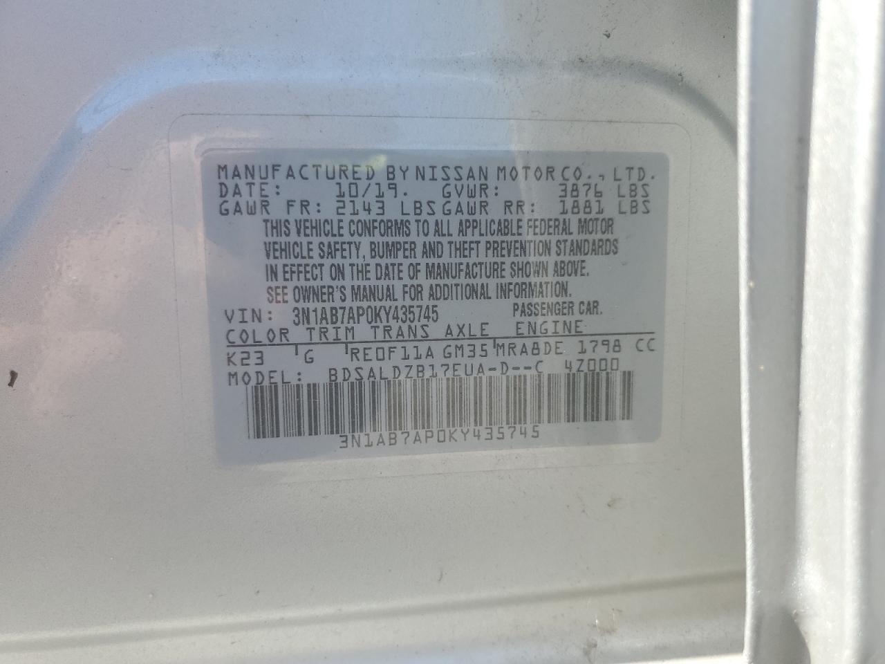 2019 Nissan Sentra S VIN: 3N1AB7AP0KY435745 Lot: 62289915