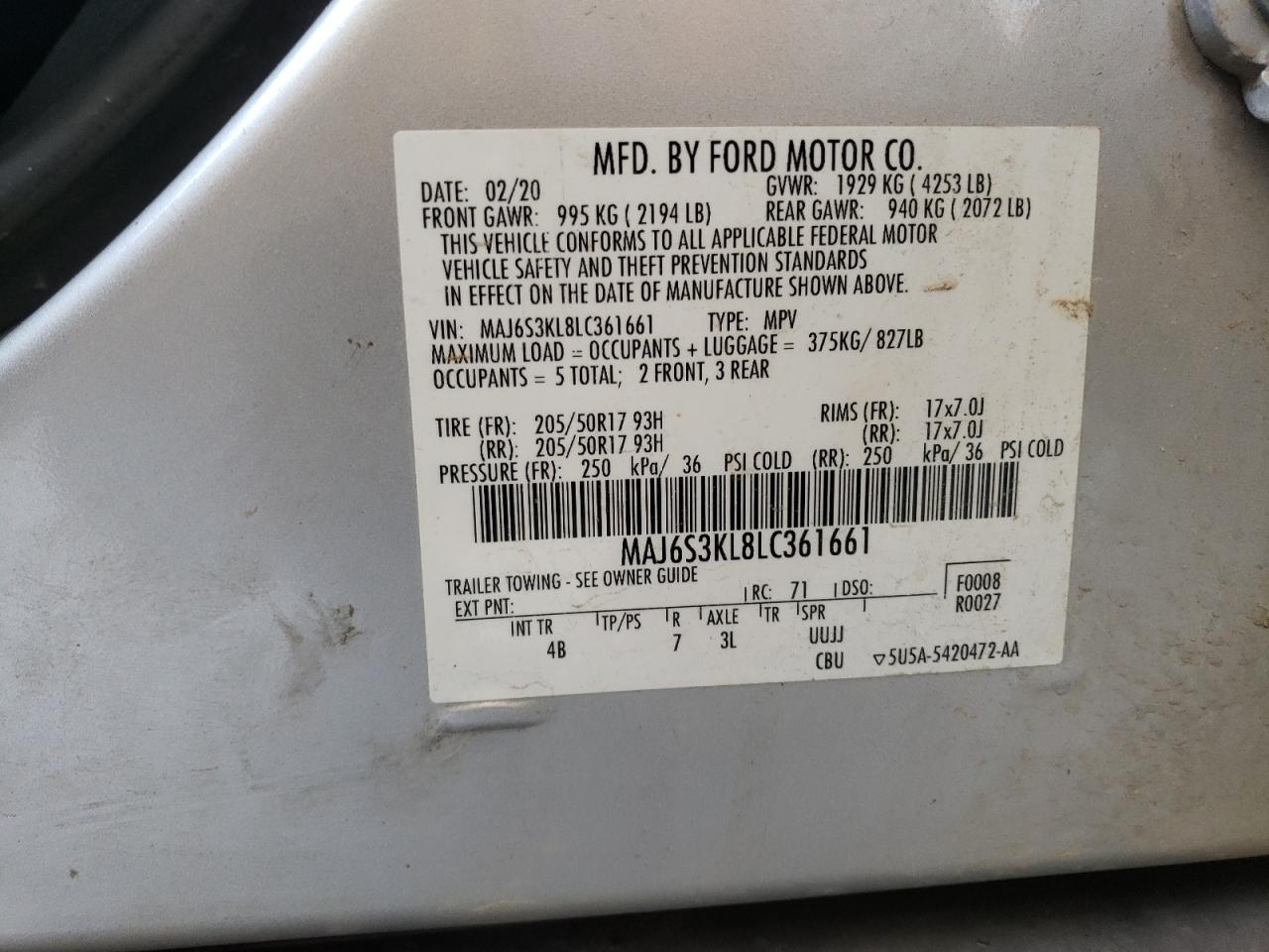 2020 Ford Ecosport Titanium VIN: MAJ6S3KL8LC361661 Lot: 63129565