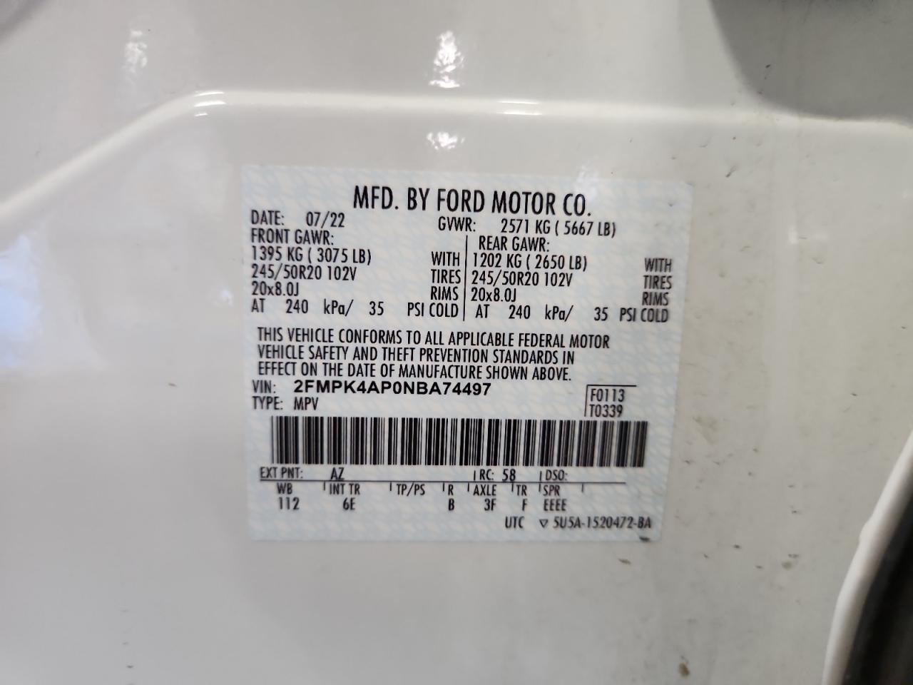 2022 Ford Edge St VIN: 2FMPK4AP0NBA74497 Lot: 66157755