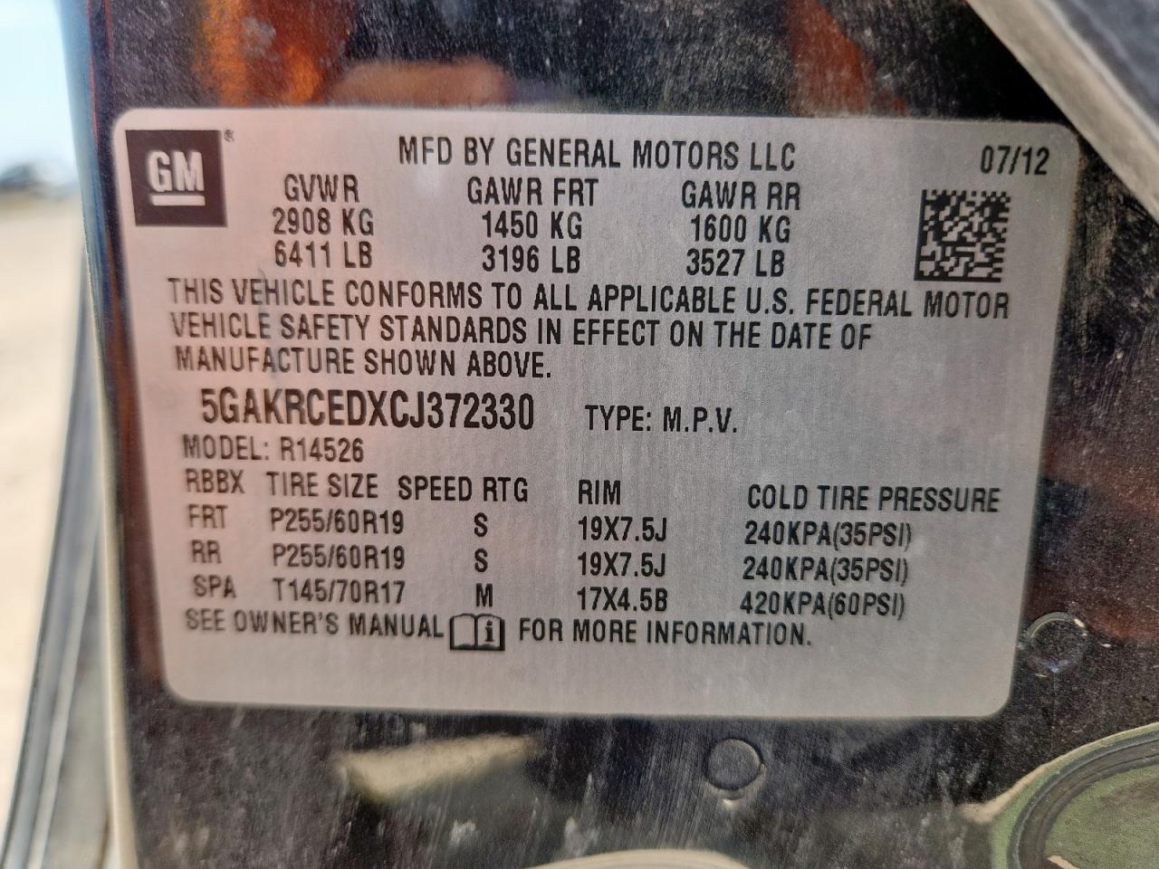 2012 Buick Enclave VIN: 5GAKRCEDXCJ372330 Lot: 64486545