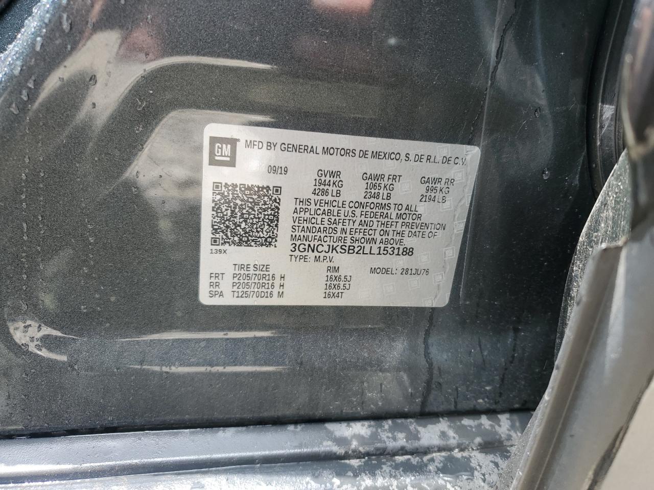 2020 Chevrolet Trax Ls VIN: 3GNCJKSB2LL153188 Lot: 64702595
