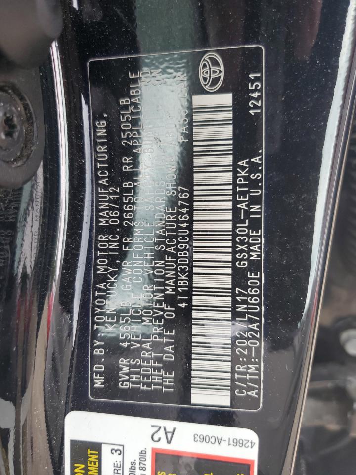2012 Toyota Avalon Base VIN: 4T1BK3DB9CU464767 Lot: 64807575