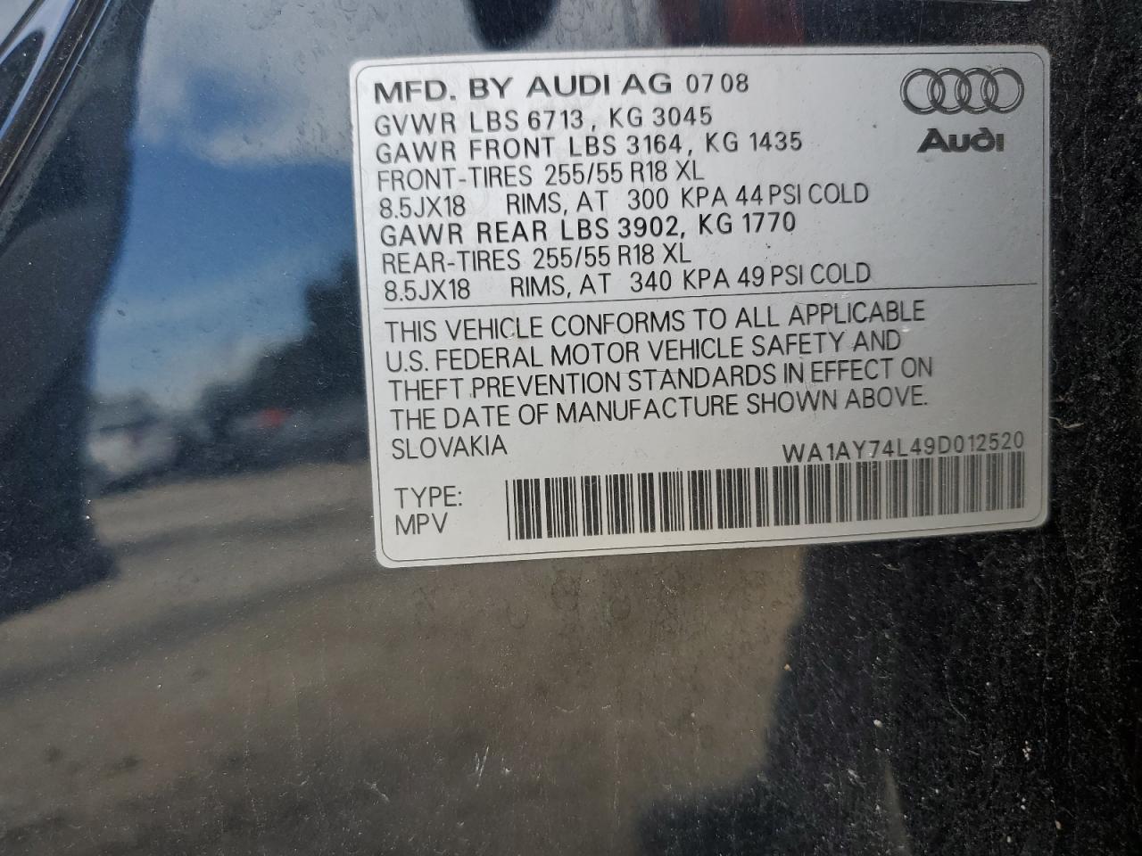 2009 Audi Q7 3.6 Quattro VIN: WA1AY74L49D012520 Lot: 64631635