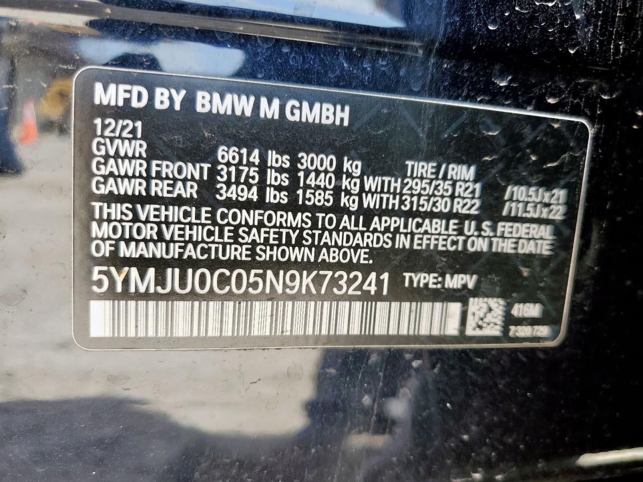 2022 BMW X5 M VIN: 5YMJU0C05N9K73241 Lot: 64549395