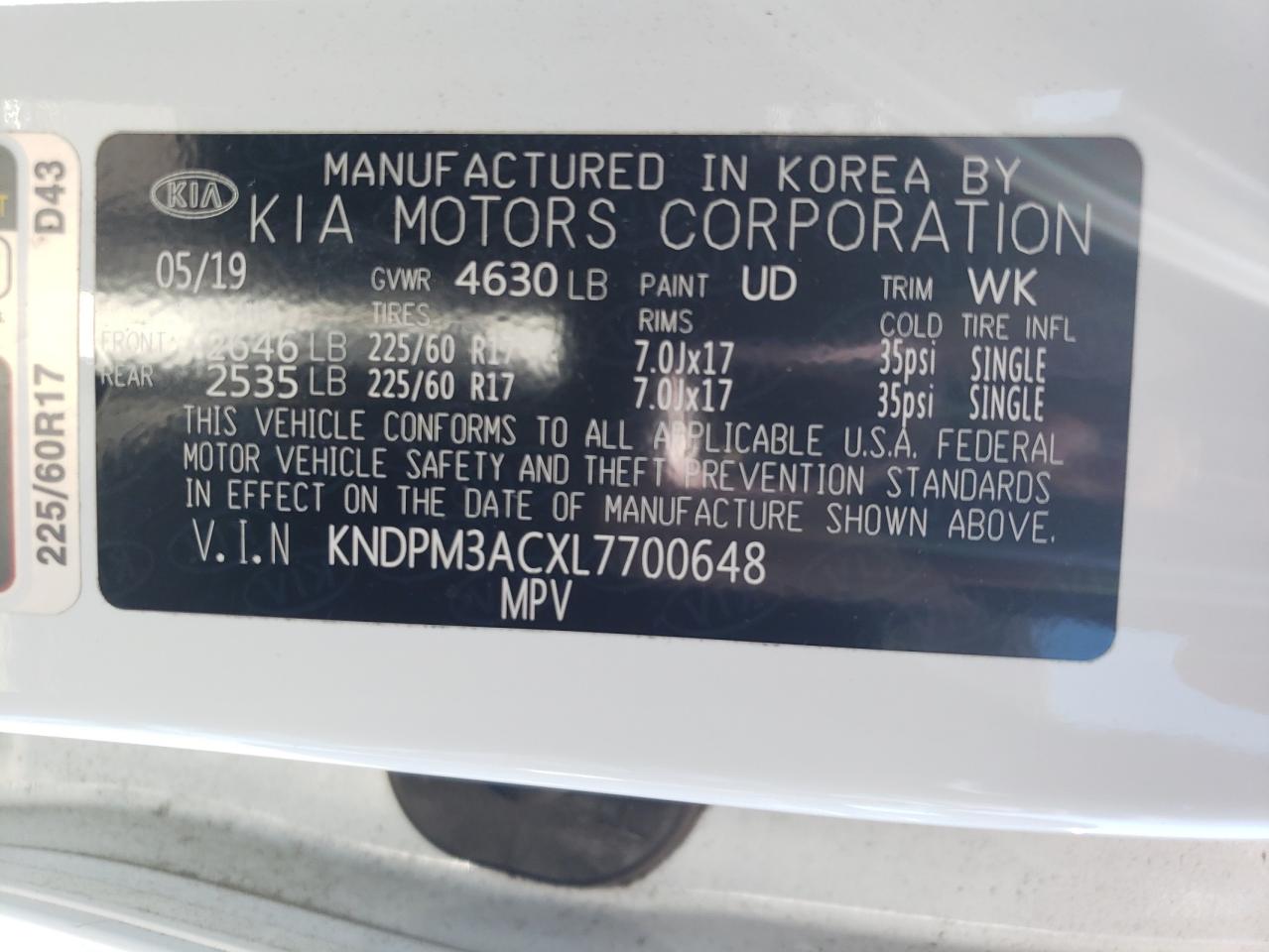 2020 Kia Sportage Lx VIN: KNDPM3ACXL7700648 Lot: 65307875