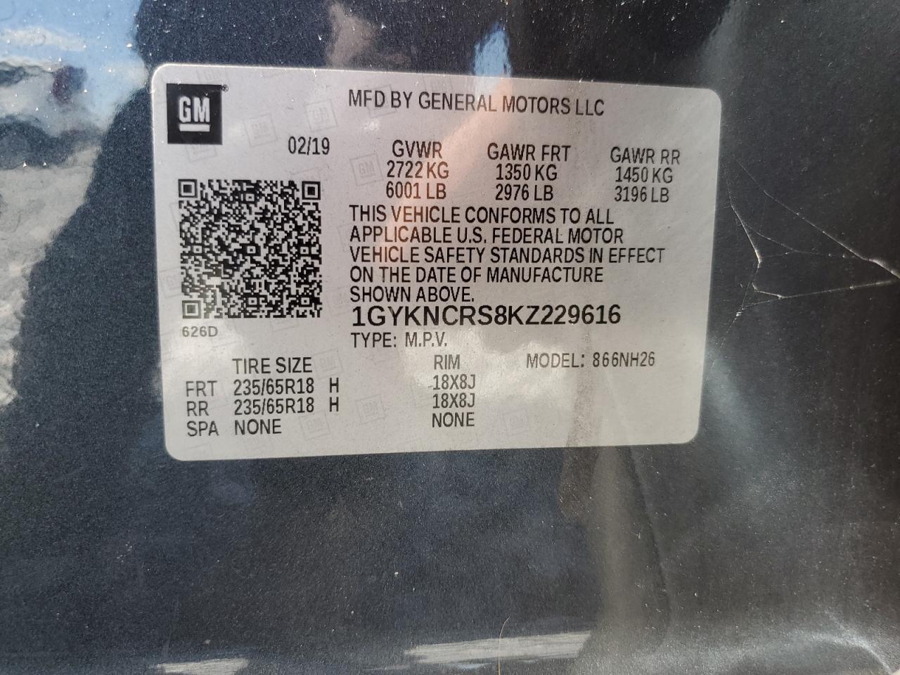 2019 Cadillac Xt5 Luxury VIN: 1GYKNCRS8KZ229616 Lot: 64585405